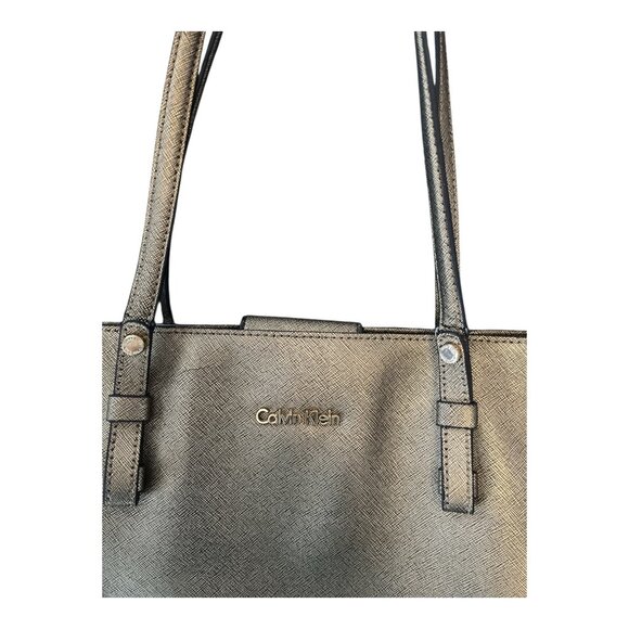Calvin Klein Metallic Gold Saffiano Leather Tote Bag – 10 x 15 x 4 in – 10” Drop - Picture 4 of 14